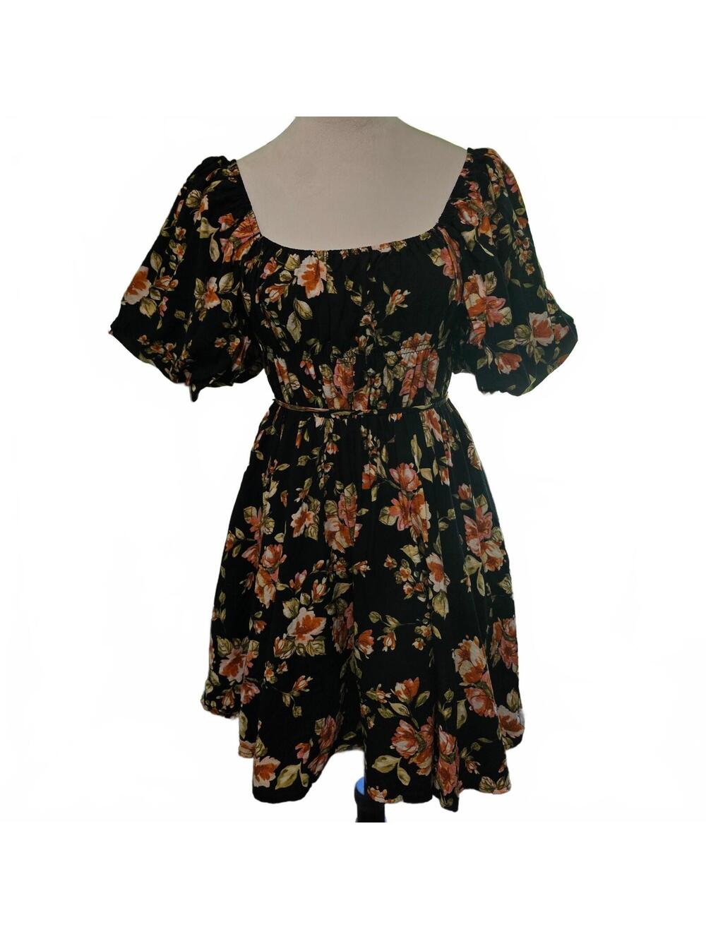 Altar'd State Black Floral Puff-Sleeve Mini Dress small